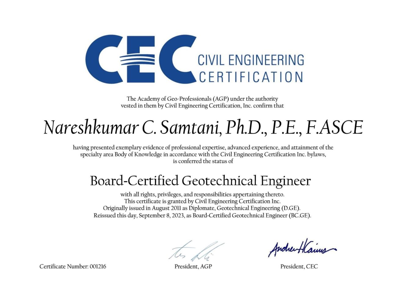 Board-Certified Geotechnical Engineer Certificate